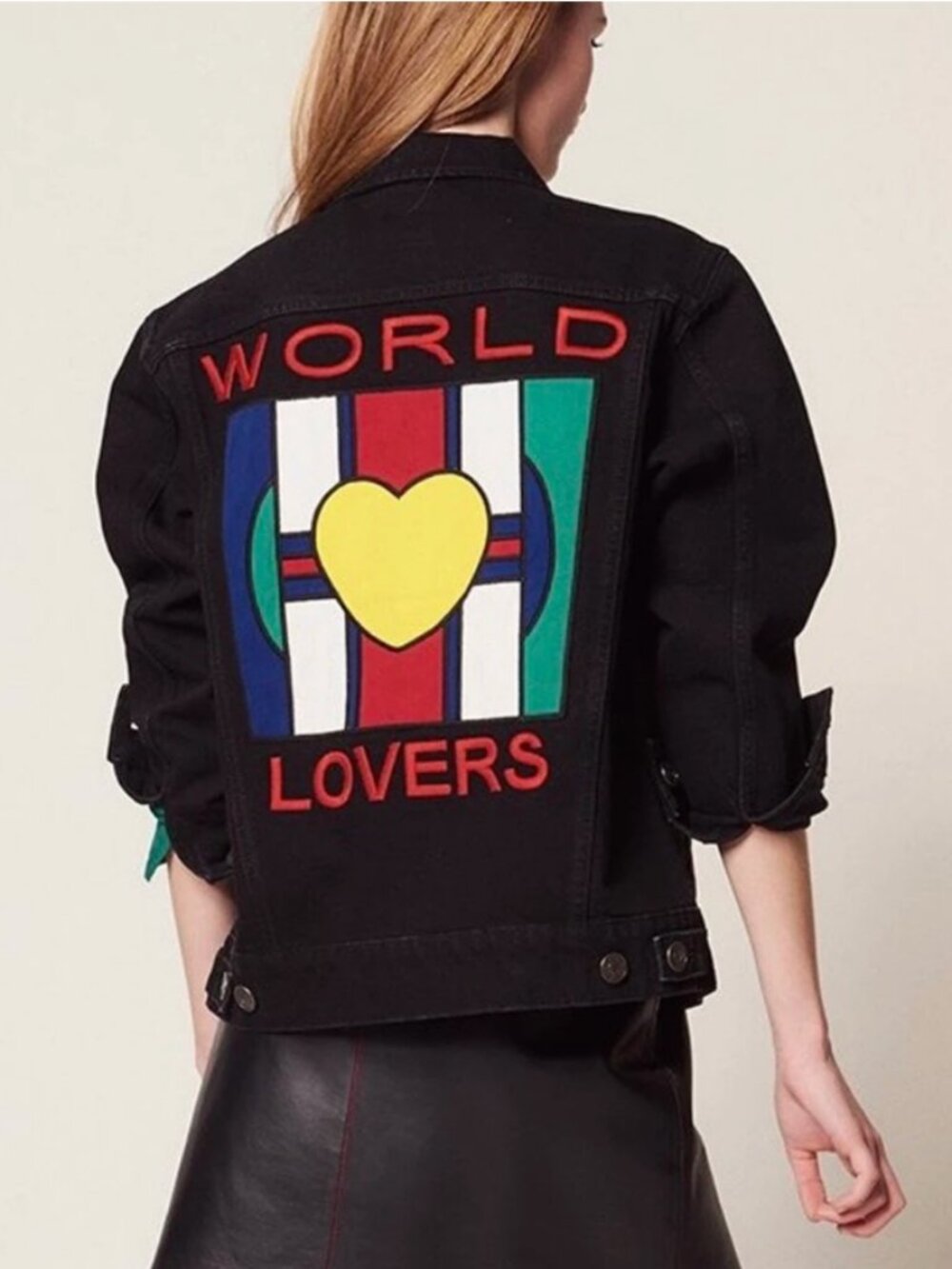 SANDRO Paris | “World Lovers” Patchwork Back Denim Jacket Washed Black SIZE 34